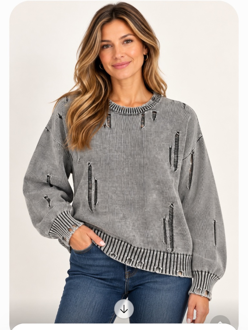 Timing Women’s Washed Gray Distressed Crewneck Sweater